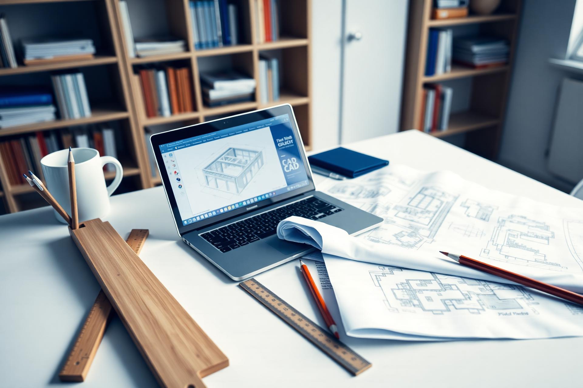 Engineering workspace with laptop and blueprints